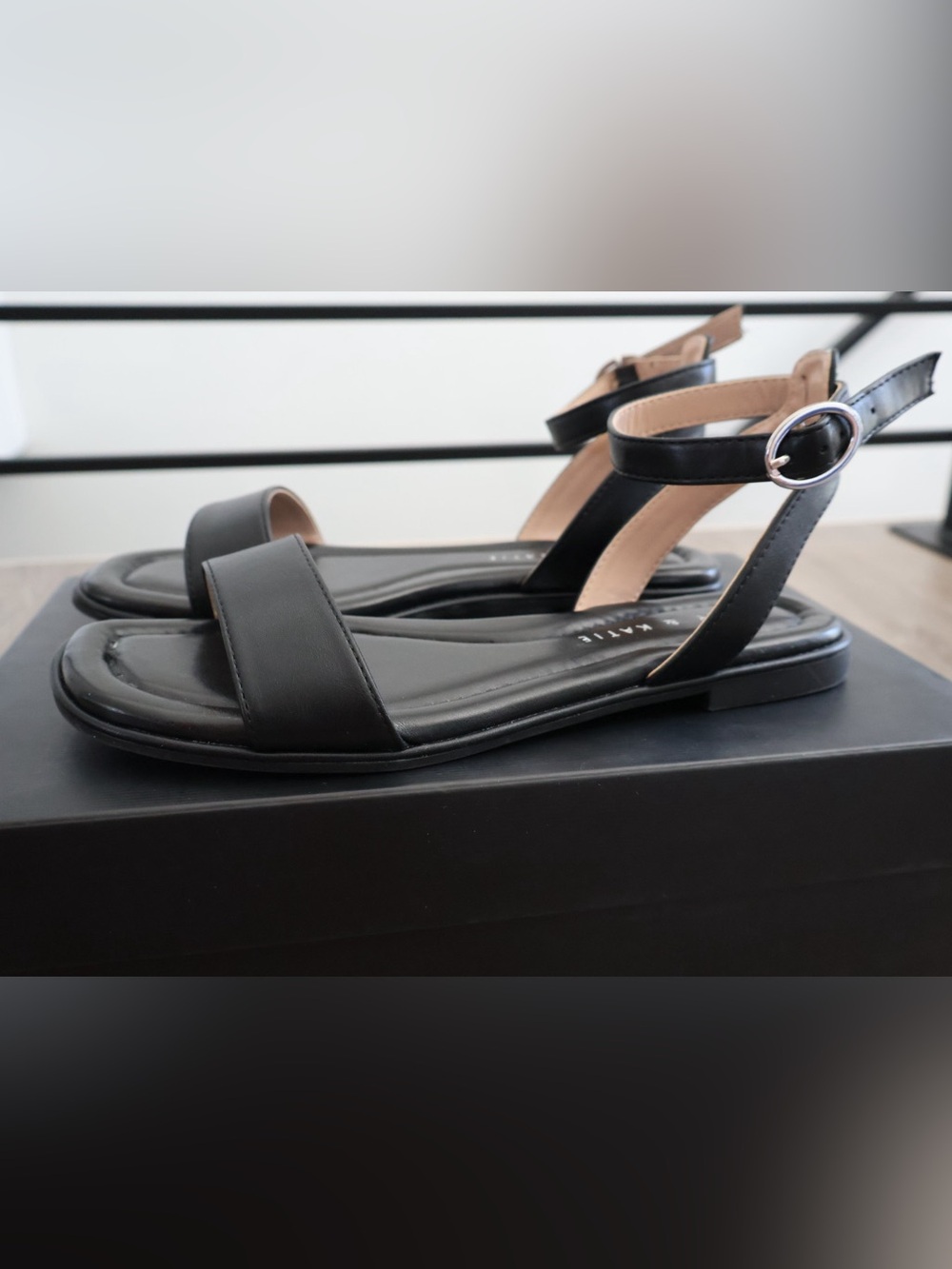 Kelly & Katie Black Leather Ankle-Strap Sandals with Silver Buckle Women’s 6